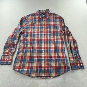 Under 5'10 Shirt Mens Medium Red Blue Tan Plaid Long Sleeve Button Down Cotton